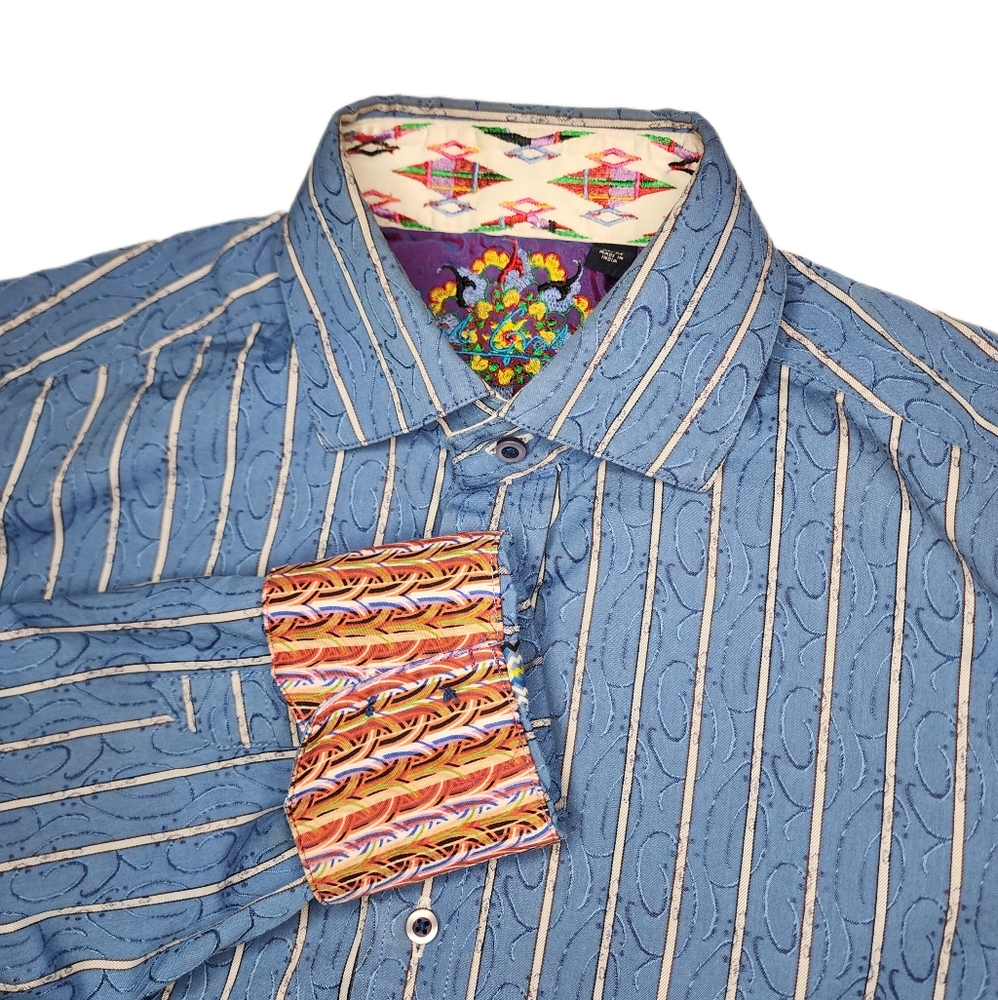 ROBERT GRAHAM Mens Blue Embroidered Long Sleeve Collared Dress Shirt - Medium